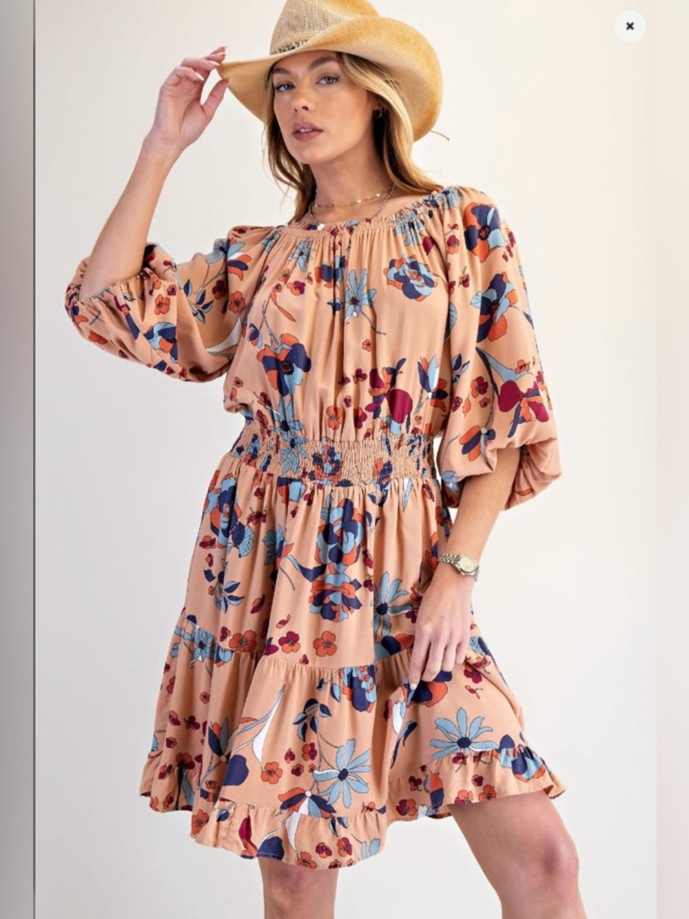 102. NWT EASEL Floral SmockedDress in Peach
